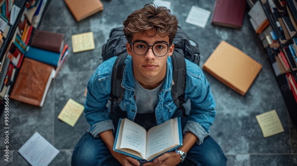 Poster A business student working on a project with notes scattered around them symbolizing focus dedication and personal growth through education Large space for text in center Stock Photo with copy space