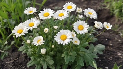 A vibrant cluster of daisies blooming in a rich garden soil under warm sunlight during springtime
