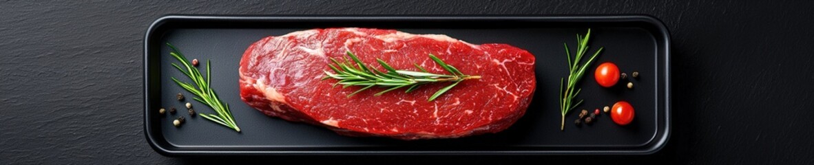 Fototapeta premium A beautifully arranged fresh raw steak garnished with rosemary and cherry tomatoes, ideal for cooking enthusiasts and chefs seeking high-quality ingredients.