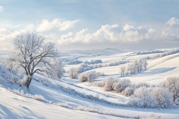 Obraz premium Idyllic Snowy Hills and Frosty Trees in a Peaceful Winter Countryside Scene