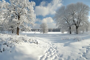 Obraz premium Idyllic Snowy Hills and Frosty Trees in a Peaceful Winter Countryside Scene