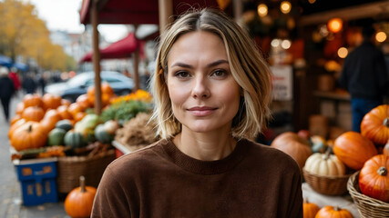 Fototapeta premium Autumn Market Portrait: A beautiful woman with blonde hair, wearing a brown sweater, stands confidently amidst a vibrant display of pumpkins at a bustling outdoor market.