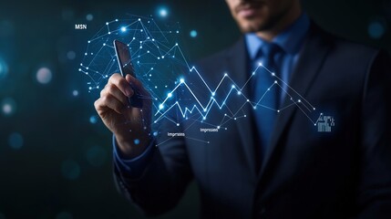 Fototapeta premium A business professional analyzes data insights using a digital interface, showcasing a graph of fluctuating market trends.