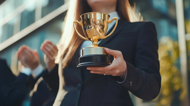 business woman in suit holding a golden trophy cup in hand, celebrating success, victory, office team applause outdoors. employee appreciation day. awarding the best employee. Close up, faceless