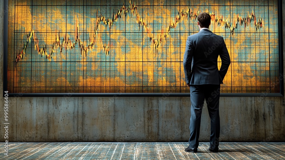 Poster a person standing next to a line graph showing upward movement symbolizing successful career progres