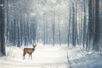Fototapeta premium A deer stands quietly in a snowy forest