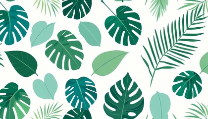 Boho-Style Tropical Leaf Pattern with Distressed Monstera, Palm, and Philodendron on Faded White Background