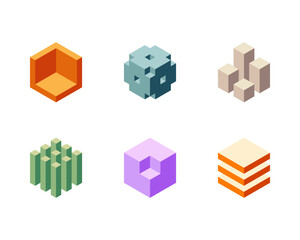 Obraz premium Cube logo, geometric vector design. Set box logotype company, trendy techno emblem in isometric 3D style.