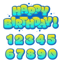 Vibrant, editable graffiti design for birthday festivities. Ideal for creating unique cards, celebratory clip art, and joyful congratulatory messages. Funky and colorful designs 