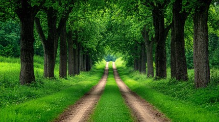 A tree-lined path leading to the horizon symbolizing the journey toward success and the many opportunities ahead Large space for text in center Stock Photo with copy space