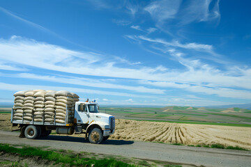 white delivery truck transporting sacks of grain drives along rural road surrounded by vast fields...