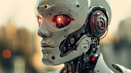 Fototapeta premium Portrait of an android robot, concept of technical support. Neural network AI generated art