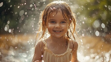 Fototapeta premium A little girl runs through a sprinkler in the garden.