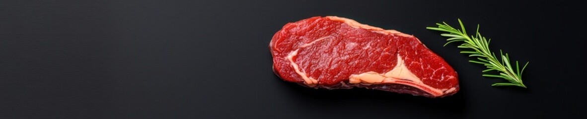 A vibrant piece of fresh raw steak accompanied by a sprig of rosemary on a dark background, perfect for culinary presentations and recipes.