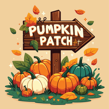 Whimsical pumpkin patch sign with colorful pumpkins and autumn leaves, perfect for fall promotions