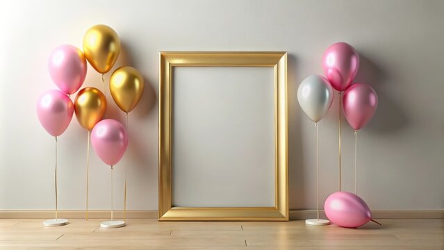 Golden frame standing next to balloons floating on a pink background, perfect for displaying your product or message