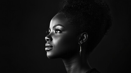black and white portrait of a black woman on black studio background