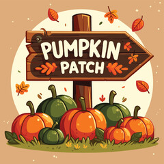Autumn pumpkin patch sign illustration with orange and green pumpkins, perfect for fall decor