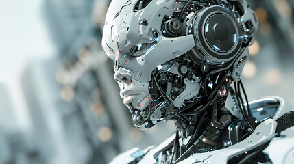 Fototapeta premium Portrait of an android robot, concept of technical support. Neural network AI generated art