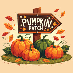 Illustrated pumpkin patch sign with colorful foliage on autumn background, ideal for fall promotions