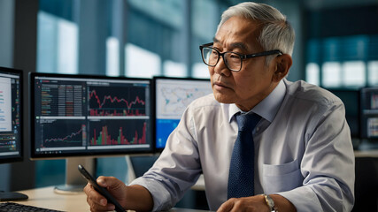 Focused on the Market: A seasoned businessman, with a thoughtful gaze, analyzes financial data displayed on multiple monitors.