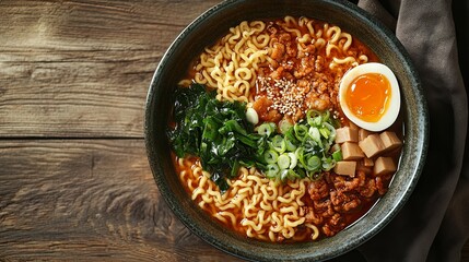 Top view of a delicious bowl of ramen