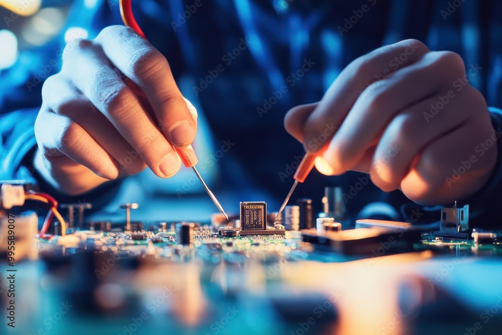 Poster a person working on a circuit board with test probes for electronic troubleshooting.