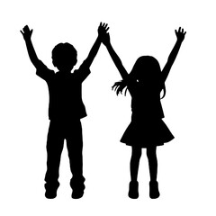 kids raising hands flat vector design - silhouette vector   transparent background