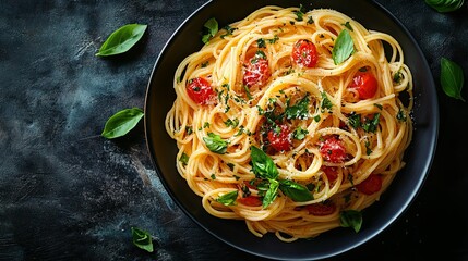 Top view of a delicious pasta dish with herbs
