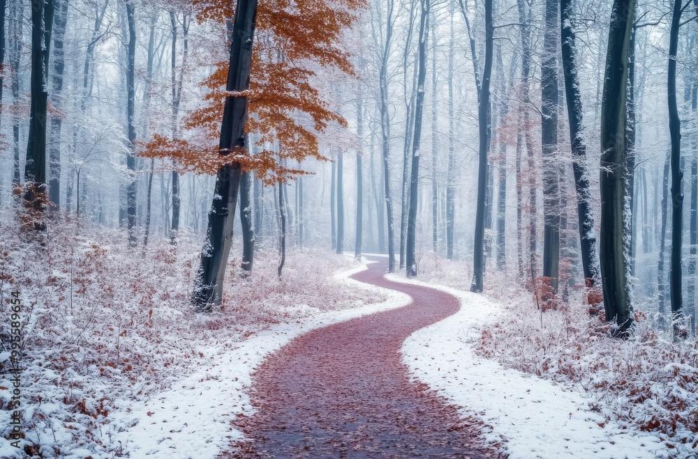 Poster Winding path through the forest in winter, with snow-covered trees and a red trail that leads to an unknown destination. The background is a misty white color, creating a mysterious atmosphere.