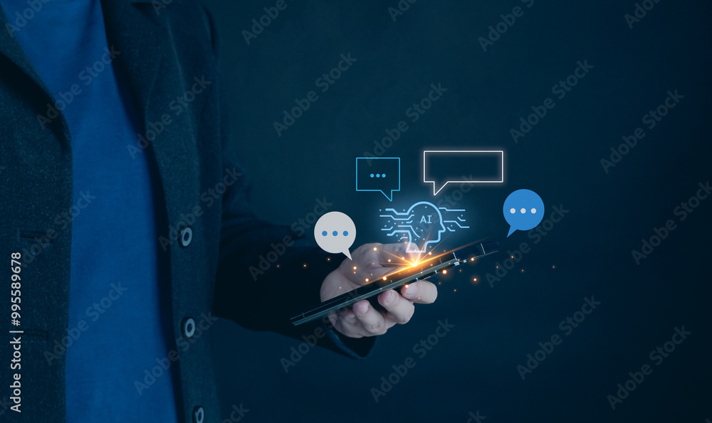 Poster concept of ai intelligence and mobile technology. man using phone chatting, generative edit, live tr