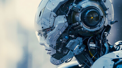 Fototapeta premium Portrait of an android robot, concept of technical support. Neural network AI generated art