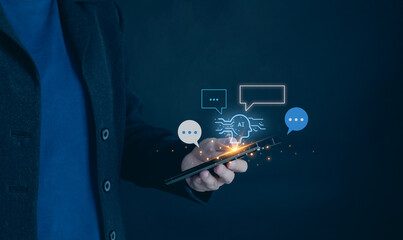 Concept of ai Intelligence and mobile technology. Man using Phone chatting, Generative Edit, Live...