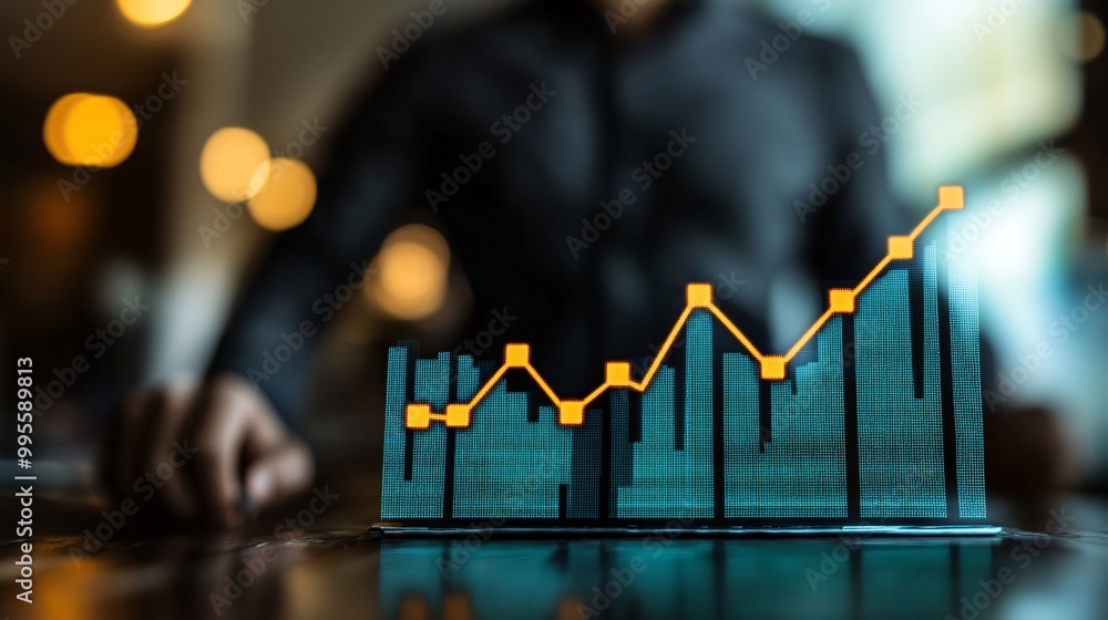 Poster a person standing beside an upward-trending graph pointing to the peak symbolizing the culmination o