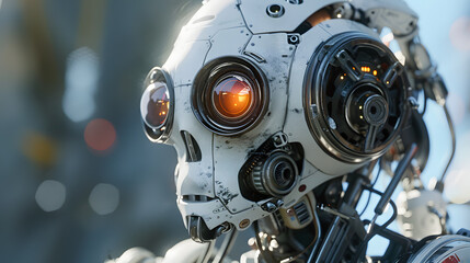 Fototapeta premium Portrait of an android robot, concept of technical support. Neural network AI generated art