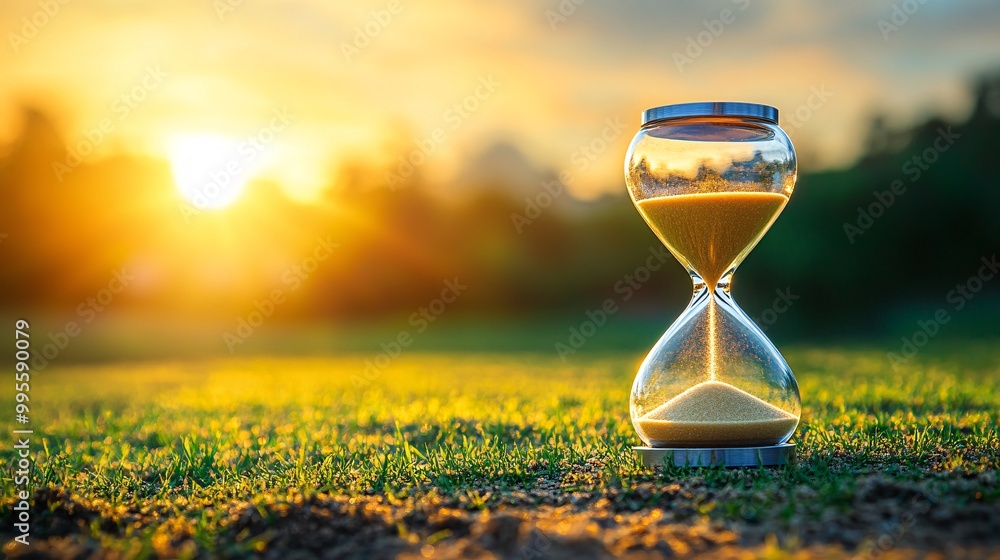 Poster An hourglass with sand flowing slowly down symbolizing the passage of time and the inevitability of change Large space for text in center Stock Photo with copy space