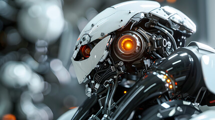 Fototapeta premium Portrait of an android robot, concept of technical support. Neural network AI generated art