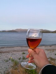 Hand holding a glass of wine with lake views at the background 