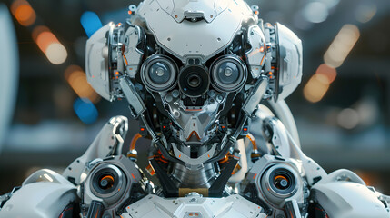 Fototapeta premium Portrait of an android robot, concept of technical support. Neural network AI generated art