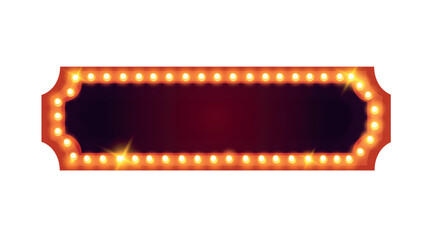Vector horizontal retro neon marquee billboard for decoration casino, carnival, circus, theater, cinema with glowing lamps. Shining Background inviting to performance with light bulb template