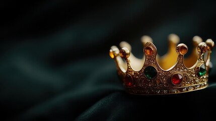 A golden crown adorned with intricate gems, resting on a velvet pillow, golden crown, royalty and power --ar 16:9 --personalize h8br4gk 
