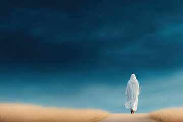 A lone figure dressed in white walks along a path under a serene sky, symbolizing Christian faith, spiritual journey, and divine guidance.