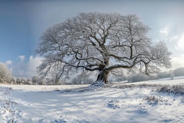 Ancient Beech Tree in a Peaceful Snowy Winter Scene with Frost and Rolling Hills