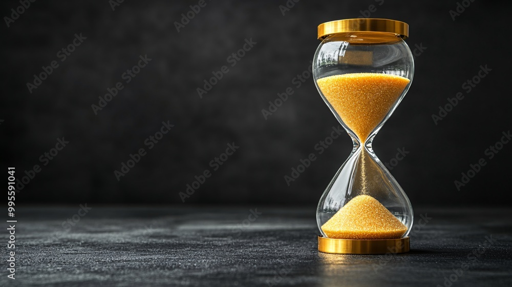 Poster a side view of an hourglass with half of the sand already fallen representing time lost and the flee