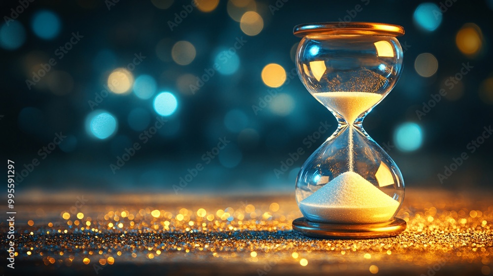 Poster a side view of an hourglass with half of the sand already fallen representing time lost and the flee