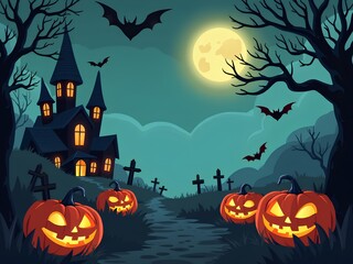 Spooky Halloween Background illustration with Glowing Pumpkins, Mysterious Castle, Bats and Full Moon