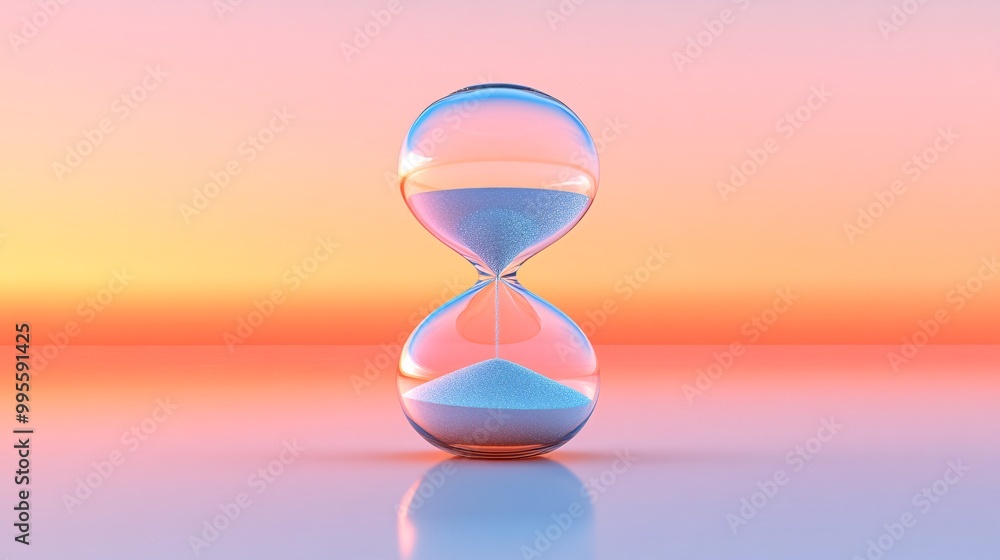 Poster a futuristic hourglass with transparent glass and silver sand falling representing the inevitable pa