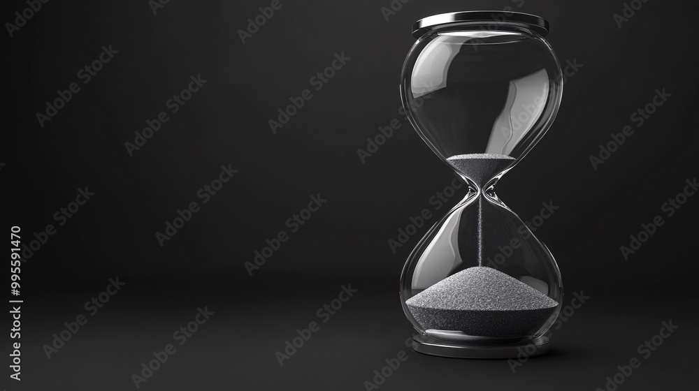 Poster a futuristic hourglass with transparent glass and silver sand falling representing the inevitable pa