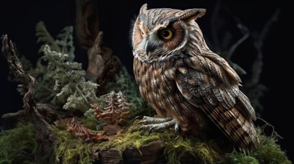 Obraz premium A detailed owl sculpture surrounded by natural elements.
