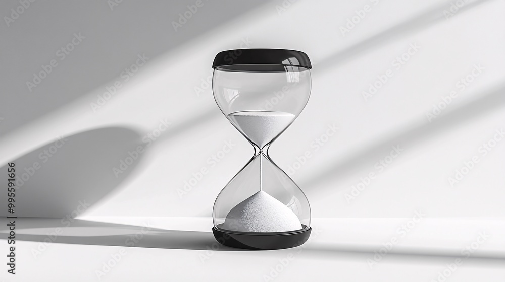 Poster A black and white image of an hourglass casting a long shadow symbolizing the pressure of time and lifes limitations Large space for text in center Stock Photo with copy space